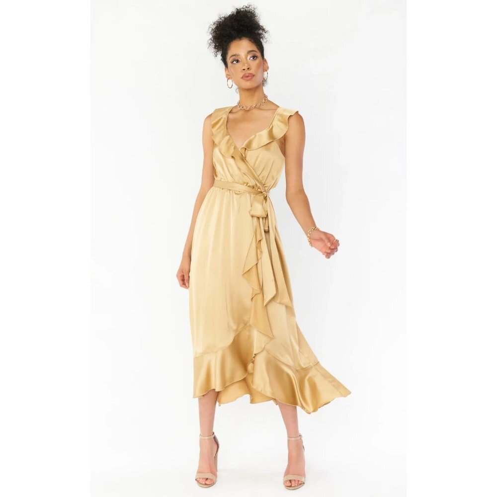 Show Me Your MuMu Womens Samantha Ruffle‎ Wrap Dress True Gold Luxe Satin Medium